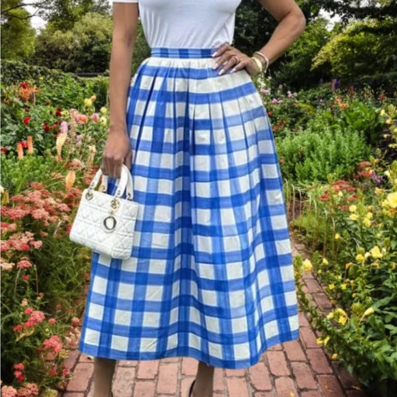 Zara Collection Blue and White Gingham Pleated A-Line Midi Skirt - Picture 2 of 5